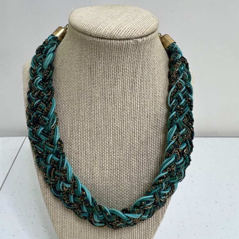 Braided Necklace Blue Beaded Gold Tone Chain Weave Statement‎ Chunky